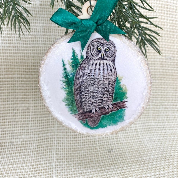 Great Gray Owl Round Wood Ornament