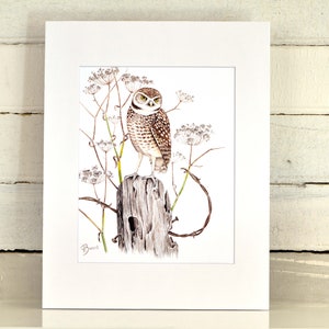 Burrowing Owl Mattted Print, one-of-a-kind watercolor painting
