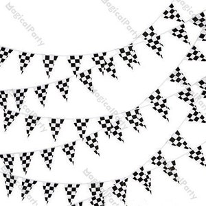 May include: Black and white chequered flag bunting. The bunting is made of fabric and has a string for hanging. It is a great decoration for a race-themed party.