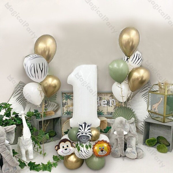 26pcs Birthday White Number Balloon Bouquet Safari Animals Balloon DIY Kit Jambo 40" Number Balloon Dusty Green Jungle Wild One Baby Shower