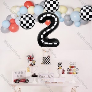 68pcs Race Car Balloon Garland Kit Two Fast Birthday Party Decorations Racing Car First/2nd Birthday Party Supplies Black White Grid Balloon