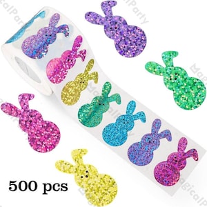 500pcs Per Roll Rainbow Sparkle Glitter Easter Bunny Rabbit Stickers Happy Easter Spring Party Bag Labels Kids Easter Stickers Decoration