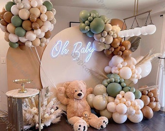 192pcs Brown Apricot Doubled ballon Arch | Eucalyptus Balloons Garland, Birthday Bridal Shower Gender Reveal Engagement, Oh Baby Neon Light