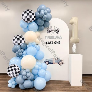 103pcs Retro Racing Theme Balloon Arch Kit, Smoke Blue, Natural Sand White,Baby Shower,Boy's 1st Birthday,Gender Reveal,Party Decoration