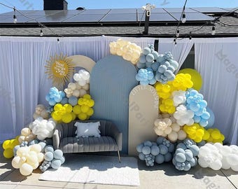 177pcs Sun Themed Balloon Arch Kit,Yellow Blue Gray Balloons, First Trip Around the Sun Balloons, Boy 1st Birthday, Baby Shower Decoration