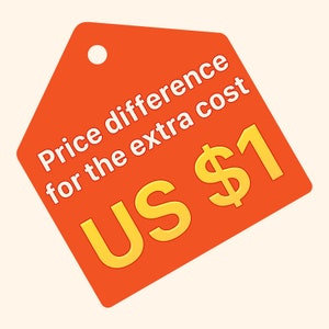 May include: A red price tag with a white circle in the top left corner. The tag says "Price difference for the extra cost US $1".