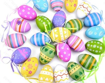 24pcs Easter DIY Hand-painted Egg Gifts Kid Kindergarten Handmade Painting  Simulated Plastic Egg Multi-Color Pattern Home Pendant Decor