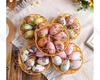 Pack De 6 Huevos De Pascua Decorativos Para Colgar – Huevos De Gallina Soplados De 4x6 Cm Con Diseño De Motas Y Colgador