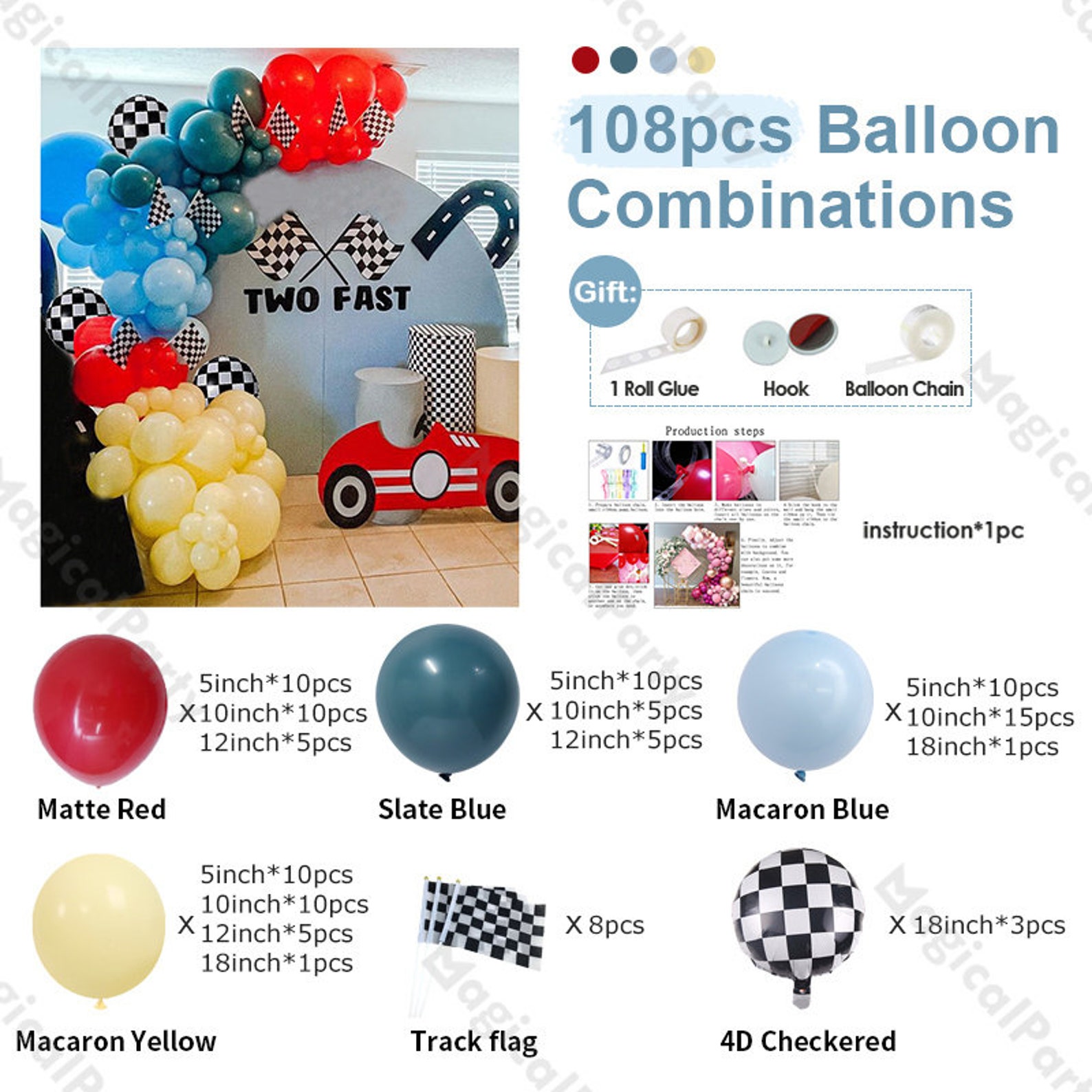 Two Fast Balloon Stack 108pcs Two Fast Balloon Set Slate Blue Red Race Car Birthday Balloons ...