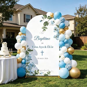 Cubierta personalizada para arco de bautizo, pancarta de bautizo con nombre y fecha personalizados en acuarela azul con cruz floral, fondo para fotomatón de bautizo estilo bohemio francés