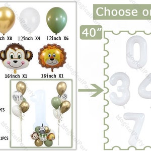 26pcs Birthday White Number Balloon Bouquet Safari Animals Balloon DIY Kit Jambo 40 Number Balloon Dusty Green Jungle Wild One Baby Shower image 2