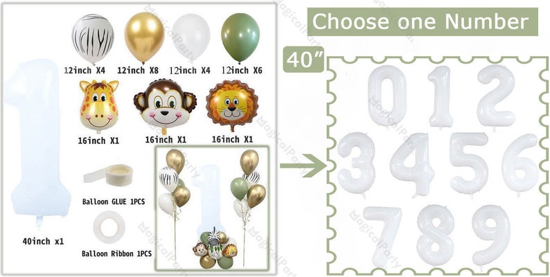 26pcs Birthday White Number Balloon Bouquet Safari Animals Balloon DIY Kit Jambo 40 Number Balloon Dusty Green Jungle Wild One Baby Shower image 2