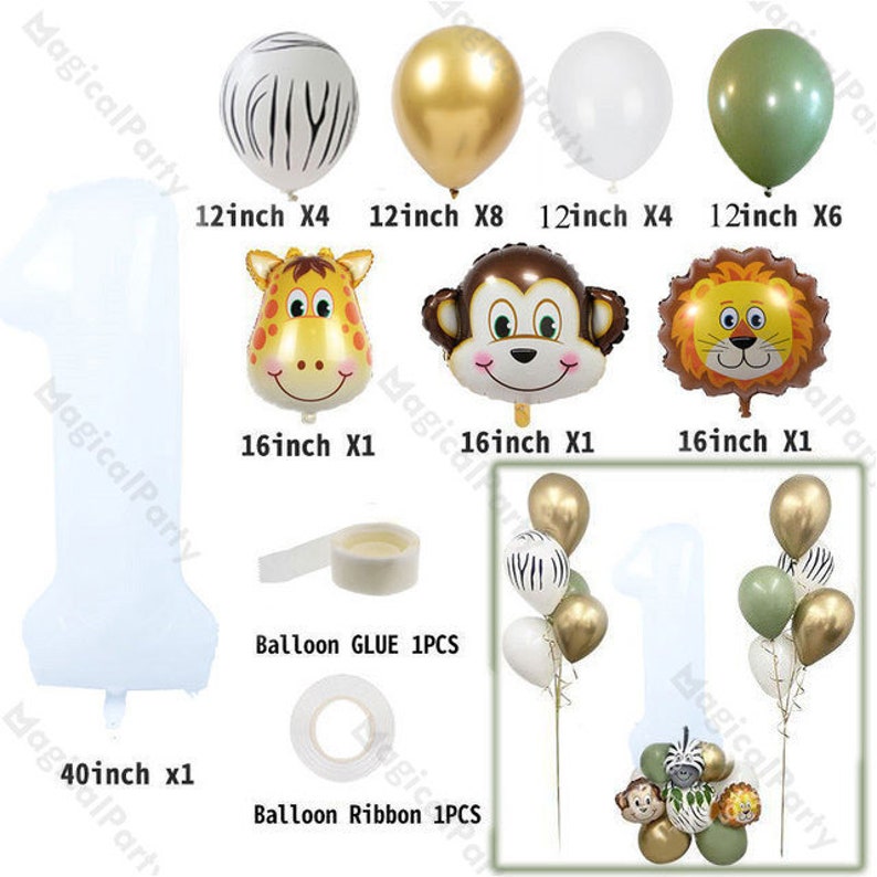 26pcs Birthday White Number Balloon Bouquet Safari Animals Balloon DIY Kit Jambo 40 Number Balloon Dusty Green Jungle Wild One Baby Shower image 3