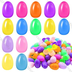 May include: A set of 24 plastic Easter eggs in various colors, including purple, pink, yellow, blue, green, and orange. The eggs are arranged in rows and columns, with a pile of smaller eggs in the bottom right corner.