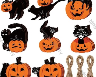 Halloween Svart Katt & Jack O'Lantern Hängande Ornament, Läskiga Pumpa Katt Utskärningar för Fönster, Mantel, Halloween Fest och Bus eller Treat Dekor