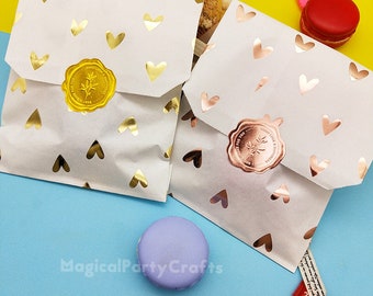 25 Stück 12 * 22,5 cm weiße Herz Papiertüte Folie Gold Rose Papiertüte Dessert Kleine Papiertüten für Shoppartys und Geschenke Hochzeit Geburtstagstasche