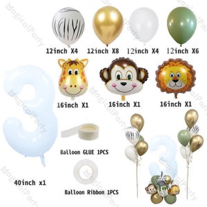 26pcs Birthday White Number Balloon Bouquet Safari Animals Balloon DIY Kit Jambo 40 Number Balloon Dusty Green Jungle Wild One Baby Shower image 6