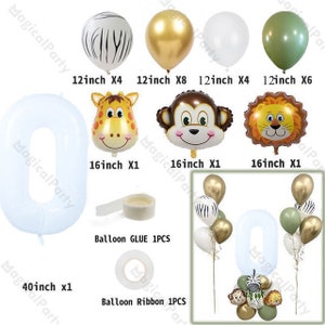 26pcs Birthday White Number Balloon Bouquet Safari Animals Balloon DIY Kit Jambo 40 Number Balloon Dusty Green Jungle Wild One Baby Shower image 4