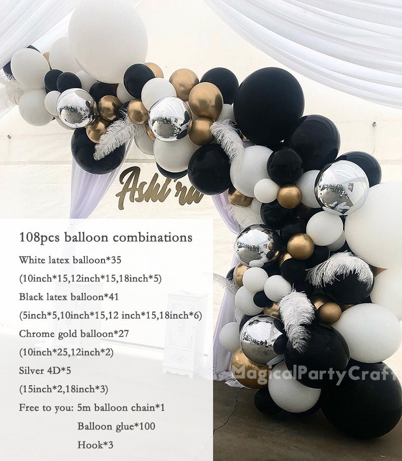 108pcs Black and White Latex Balloon Garland Arch Kit Chrome Gold