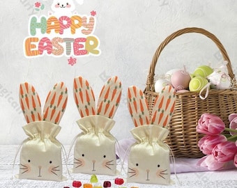 Easter Bunny Drawstring Bags Cute Cloth Pouch for Candies Snack Adorable Bunny Ear Gift Bags for Kids Boy Girls Present Personalization Bag