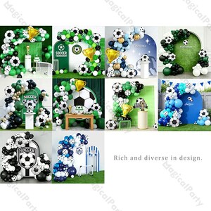 Puede incluir: Un collage de decoraciones para fiestas temáticas de fútbol, que incluyen arcos de globos, telones de fondo y detalles de trofeos. Los diseños presentan balones de fútbol en blanco y negro, globos verdes, dorados y azules, y el texto "SOCCER TOURNAMENT" y "FOOTBALL".