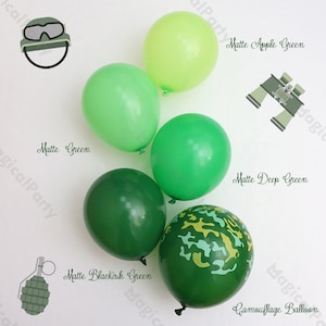 Pode incluir: Conjunto de balões verdes em vários tons de verde, incluindo verde maçã fosco, verde fosco, verde escuro fosco e verde enegrecido fosco. Um balão apresenta um padrão de camuflagem. O texto "Verde maçã fosco", "Verde fosco", "Verde escuro fosco", "Verde enegrecido fosco" e "Balão de camuflagem" está escrito abaixo de cada balão.