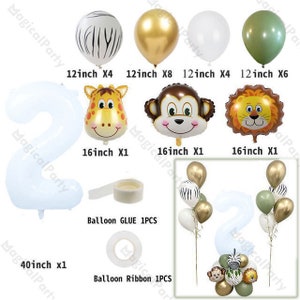26pcs Birthday White Number Balloon Bouquet Safari Animals Balloon DIY Kit Jambo 40 Number Balloon Dusty Green Jungle Wild One Baby Shower image 5
