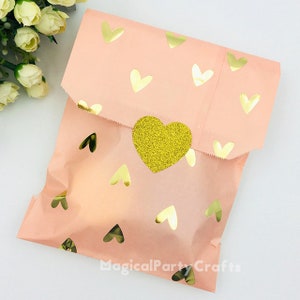 50pcs pink heart paper bag 12*22.5cm wedding Thanksgiving Anniversary Candy bag Foil gold rose gray dot Long paper bag Gift wrapping bag