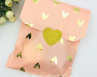 50 Stück pinke Herzen Papiertüte 12*22,5cm Hochzeit Erntedank Jubiläum Candytüte Folie gold rose grauer Punkt Lange Papiertüte Geschenktüte tüten