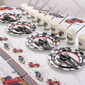 Stoviglie per feste a tema auto da corsa d'epoca, piatti di carta, bicchieri di carta, tovaglie, tovaglie, articoli per feste di compleanno per il primo/secondo anno di auto da corsa