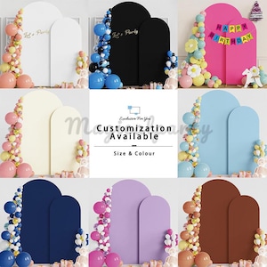 May include: A collection of arched backdrop panels in various colors, including white, black, pink, blue, and brown. Some backdrops are decorated with balloons and the text "Let's Party" or "Happy Birthday". The image also includes the text "Customization Available".