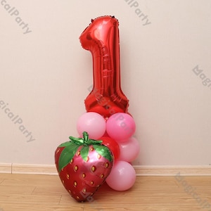 14pcs Strawberry Pink Red DIY Balloon Tower,Birthday Number Balloon Bouquet,Baby Shower, Summer Girl Berry First Birthday, Sweet One Decor