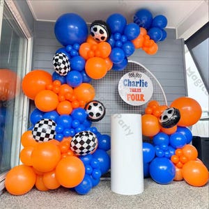 124pcs Race Car Theme Balloons Garland Kit, Matte Orange Blue Two Fast Balloons,Baby Shower, Gender Reveal,Boy's birthday,Kids Party Decor