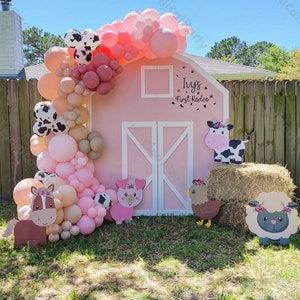 Kit arco ghirlanda di palloncini a tema animali da fattoria rosa da 113/155 pezzi, palloncini rosa con stampa di mucca per la decorazione di feste di compleanno per bambini, baby shower e 1° compleanno.