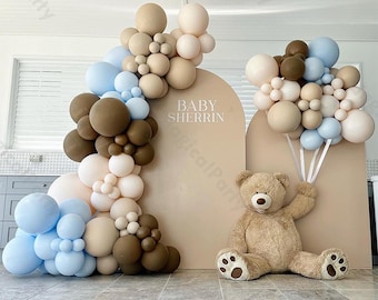 Kit de Arco de Balões Boho Retrô com 135 peças em Tons de Caramelo, Damasco e Azul, com Tema de Urso, para Decoração de Festas de Aniversário, Chá de Bebê, Revelação de Gênero, Casamentos e Chás de Bebê.