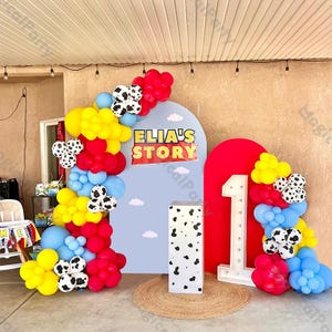 157pcs Birthday Party Story Balloon Garland Kit Toy Inspired Red, Yellow, Blue and Cow Print Balloons for Birthday & Baby Shower Decor