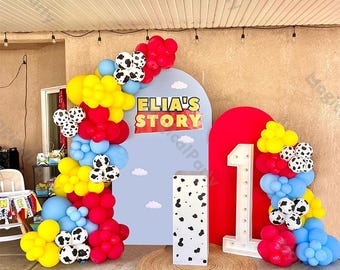 157pcs Birthday Party Story Balloon Garland Kit Toy Inspired Red, Yellow, Blue and Cow Print Balloons for Birthday & Baby Shower Decor