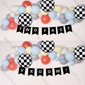 Kit de guirlande de ballons de voiture de course vintage Ballon à carreaux noir et blanc Deux Fast/Vroom! Drapeau bannière voiture de course premier/2e anniversaire fournitures de fête