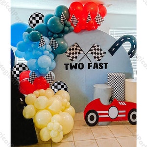 108個 2つの高速バルーンセット スレートブルー レッド レースカー 誕生日バルーン デコレーション ベビーシャワー 性別発表 結婚式 ブライダルシャワー