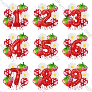 7pcs Strawberry Daisy DIY Balloon Bouquet,Red Birthday Number Balloon,Baby Shower, Summer Girl Berry First Birthday, Sweet One Decor