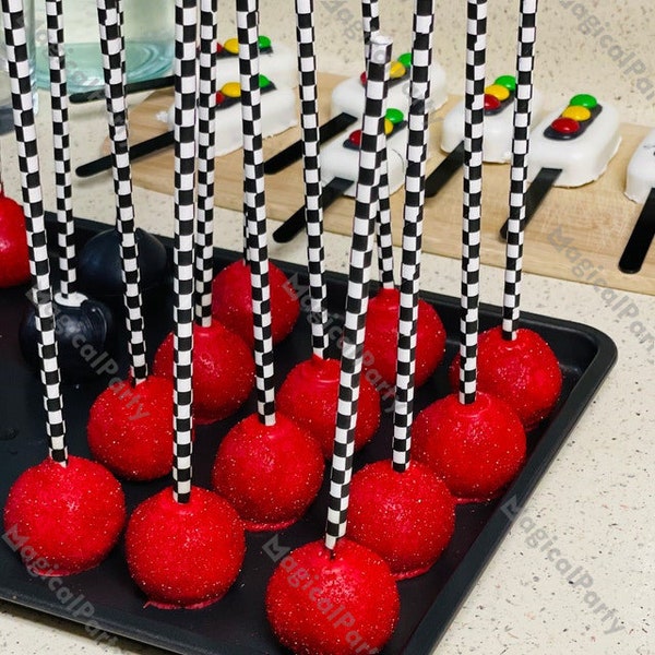 100pcs Racing Party Black Checkered Paper Straws Red Grid Drinking Straws Cake Pop Sticks Two Fast Birthday Racing Car Party Decorations