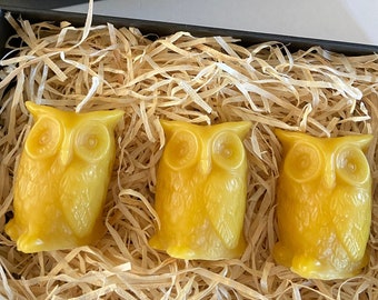 Set of 3 Small Solid Beeswax Owl Candles Gift, Welsh Beeswax Handmade Cymreig Cymru - 100% Pure Natural Bee Wax Eco Friendly Sustainable