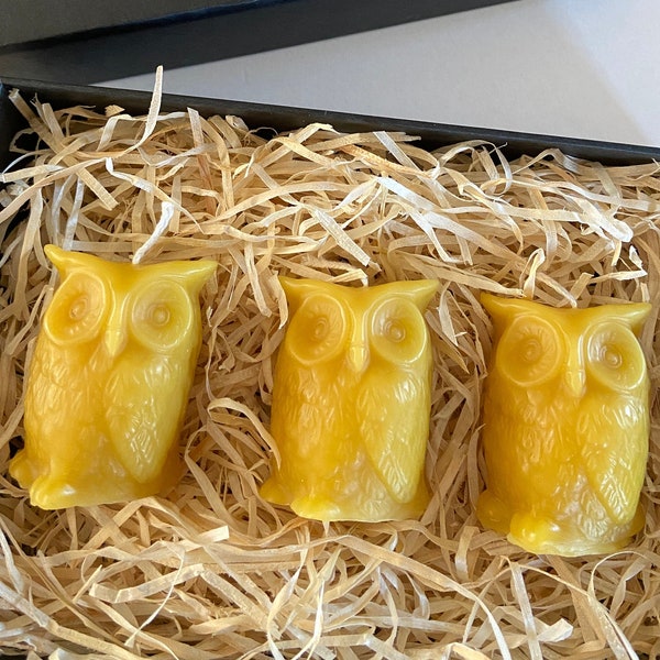 Set of 3 Small Solid Beeswax Owl Candles Gift, Welsh Beeswax Handmade Cymreig Cymru - 100% Pure Natural Bee Wax Eco Friendly Sustainable