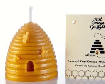 Gorgeous Pure Welsh Beeswax Votive Candle Skep with Bees Design With Gift Tag Handmade in UK Cannwyll Cymreig 100% Pure Natural Eco Friendly