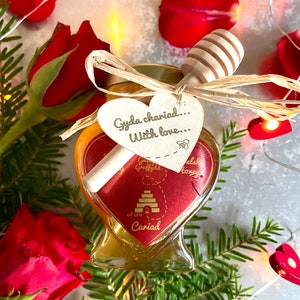 Welsh Honey Heart Glass Jar & Mini Wooden Dipper Santes Dwynwen Valentine's Gift Caru ti Love You Cariad - Valentine's Day Gift 2024