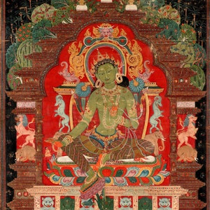 Impressão digital de Tara verde budista, Tibete Central, Thangka, têmpera de goma