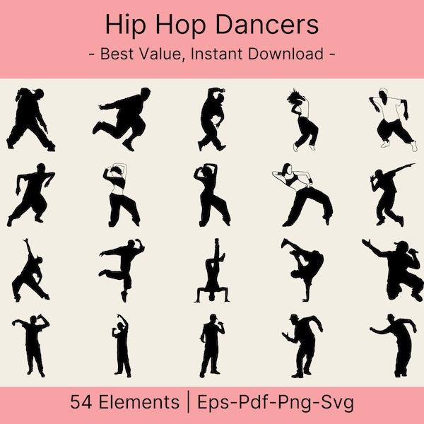 Bailarines de Hip Hop SVG, Breakdancers Vector, Street Dancer, Rap Dances Archivos Digitales, Dxf, Eps, Pdf Silhouette, Mujeres, Hombres