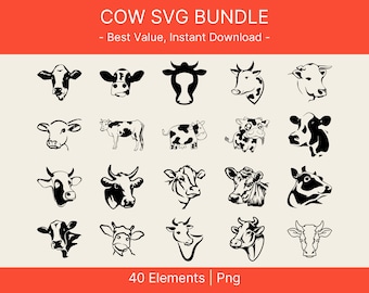 Koe SVG Bundel, Vaars PNG, Grappige Boerderij Dier Clipart, Koe Svg, Koe Gezicht Svg, Koe Gesneden Bestand, Boerderij Svg, Koe Silhouet, Instant Download