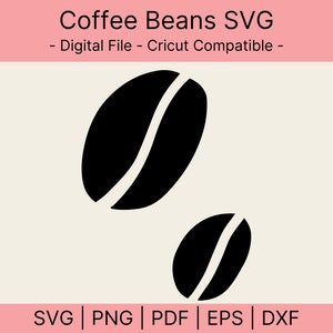 Puede incluir: Dos granos de café negros, uno más grande que el otro, se muestran en un diseño simple de silueta. Los granos están aislados sobre un fondo beige claro.