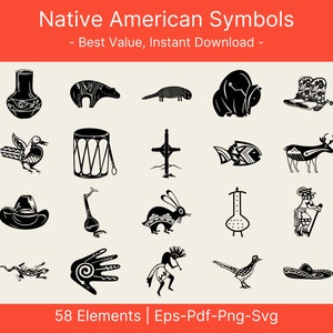 May include: A set of 58 black and white Native American symbols, including a drum, a fish, a deer, a rabbit, a bird, a hand, a hat, a vase, a boot, and a cross. The symbols are in a grid format on a light beige background. The text "Native American Symbols" is at the top of the image, and the text "58 Elements | Eps-Pdf-Png-Svg" is at the bottom of the image.
